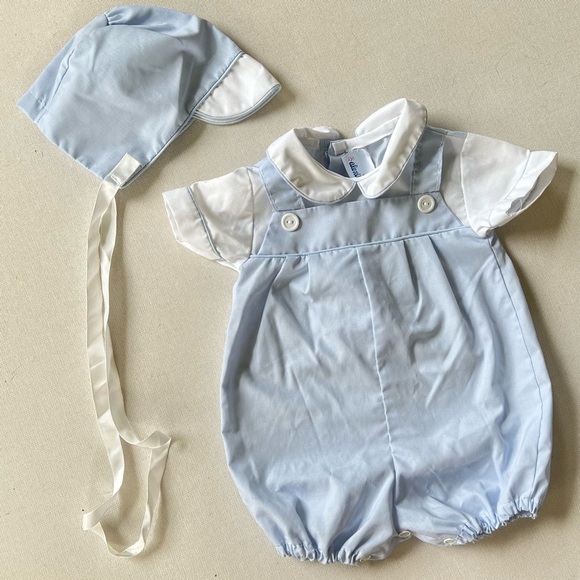 Vintage Alexis Light Blue Baby Bubble Collar Romper with Bonnet 0-3 Months - Picture 1 of 12